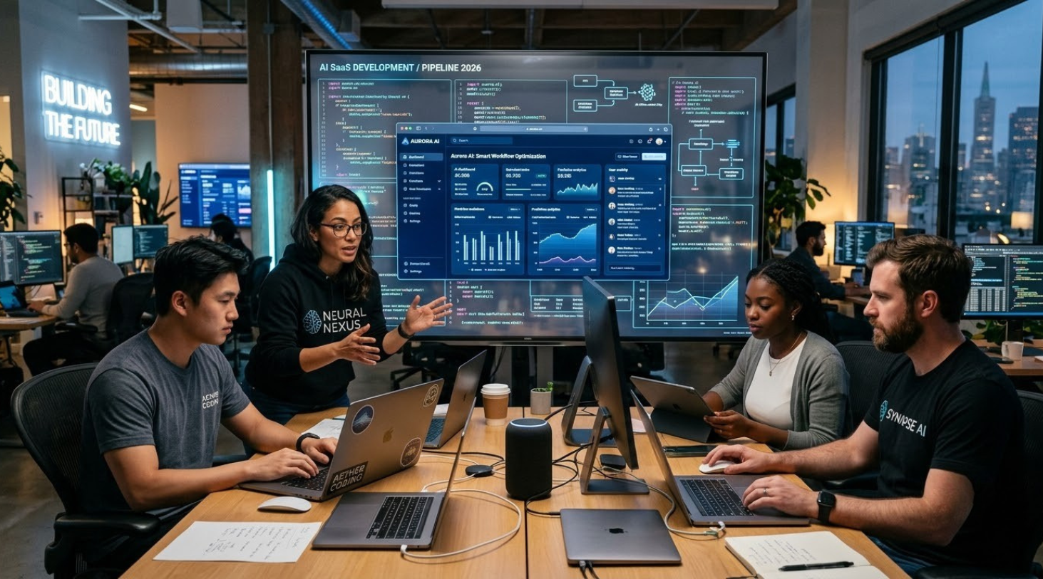 IT team discussing AI SaaS App Development process in the office